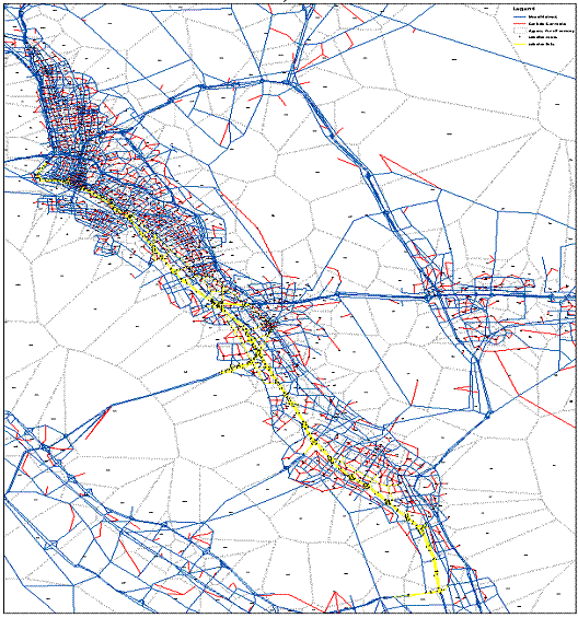 Figure 2.3 is a map of the Alameda County Travel Demand Model.  The map includes the road network, including the centroid connectors, and the zone system.  The map ranges from Oakland to Fremont.