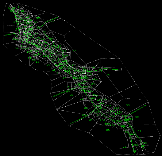 Figure 2.4 is a map of the Mesoscopic simulation model of the I-880 corridor.  The map includes the road network and zones system of the model, which ranges from Oakland to Fremont.