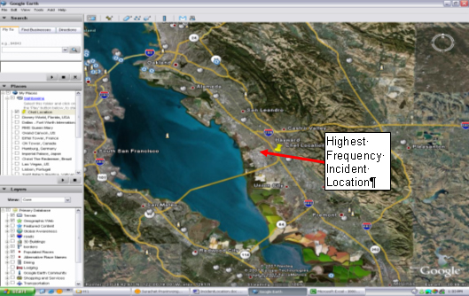 Figure 3.7 is a satellite map indicating the location of the area with the highest frequency of incidents within the tested corridor.